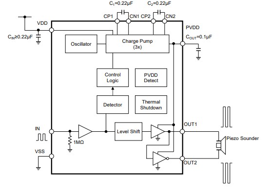 Application Circuit Diagram - Nisshinbo NJW1280 Piezo-Sounder Drivers